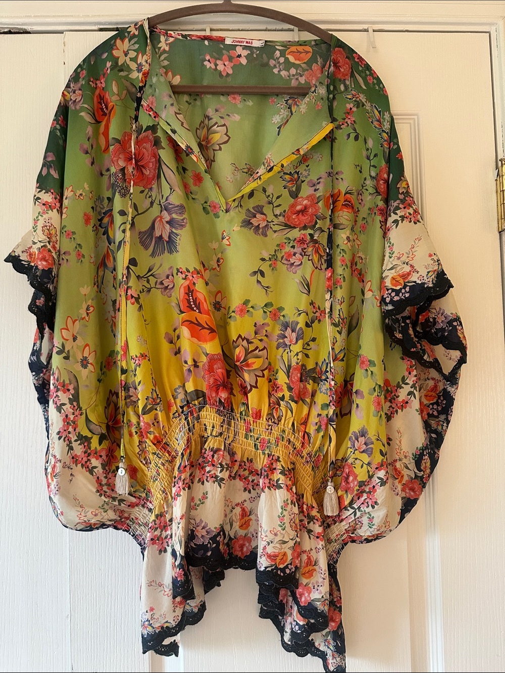 Johnny Was Green Multi Floral Sheer Smocked Tunic